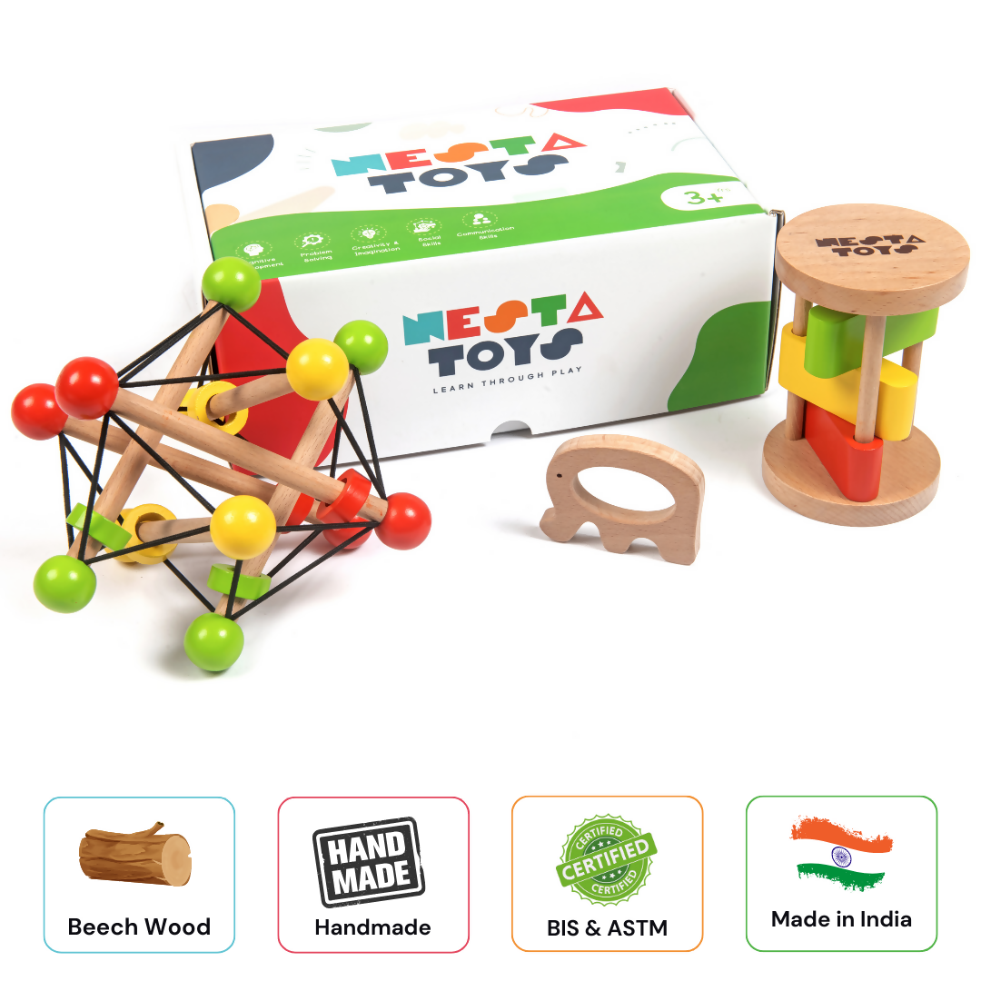 Nesta Toys Newborn Gift Set - Wooden Skwish Rattle, Clacker Rattle and Elephant Teether | Grocsy