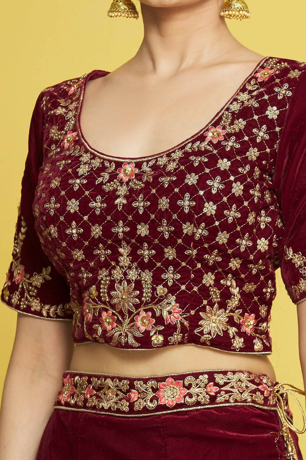 Maroon Velvet Semi-Stitched Wedding Bridal Lehenga - Nimaya | Grocsy