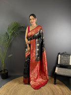 Elora Black Soft Silk Butti Zari Weaving Contrast Weaving Border Banarasi Saree | Grocsy