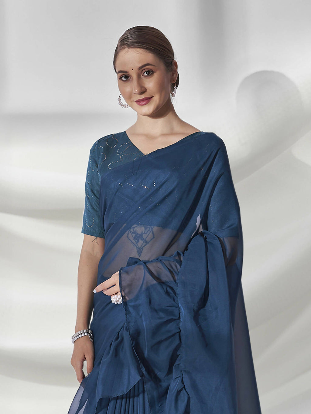 Teal Organza Solid Saree With Unstitched Blouse Piece - Shanaya | Grocsy