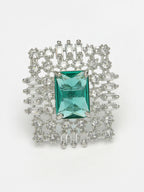 NVR Women's Green & Silver CZ-Studded Square-Shaped Adjustable Finger Ring | Grocsy