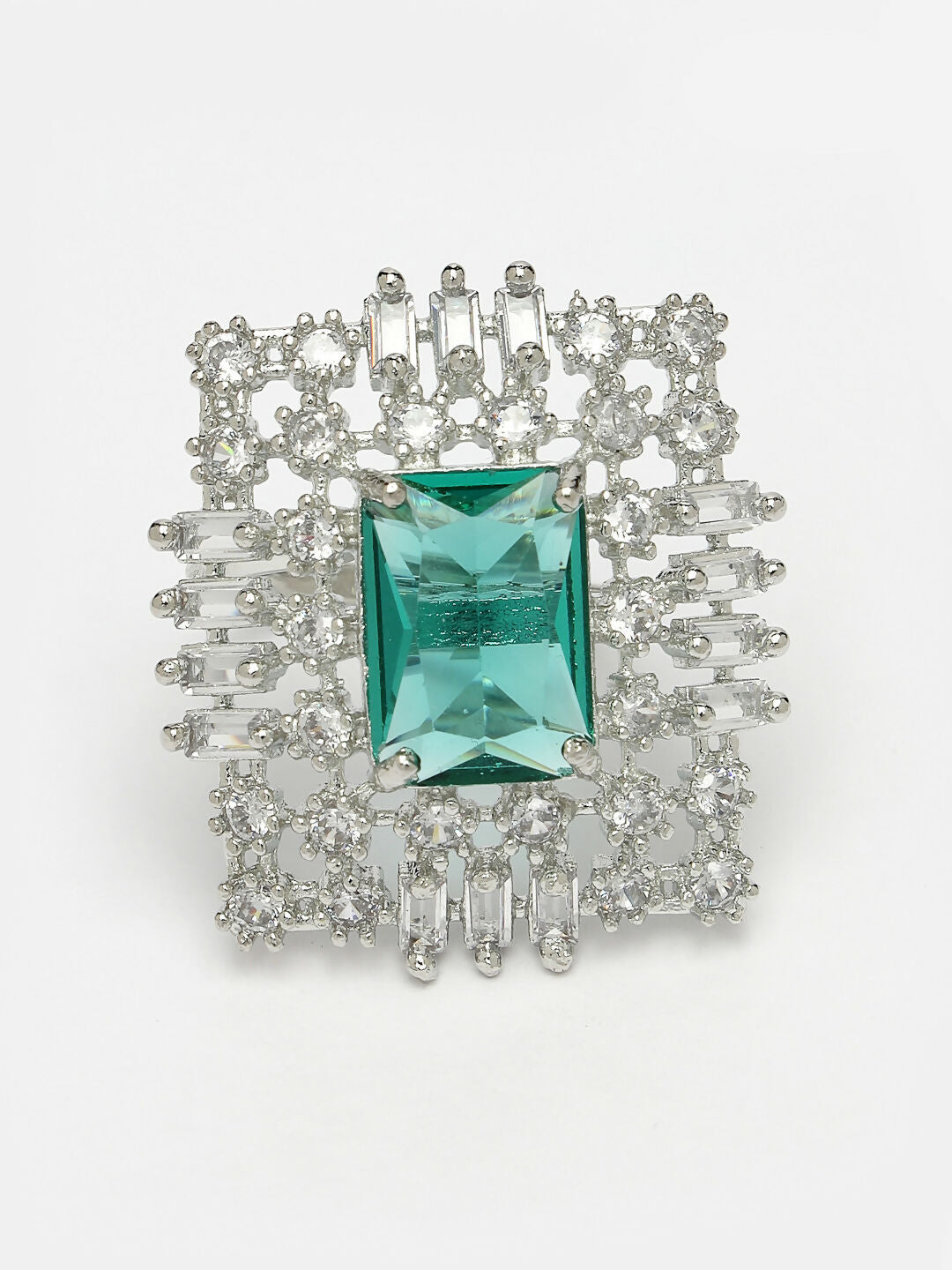 NVR Women's Green & Silver CZ-Studded Square-Shaped Adjustable Finger Ring | Grocsy