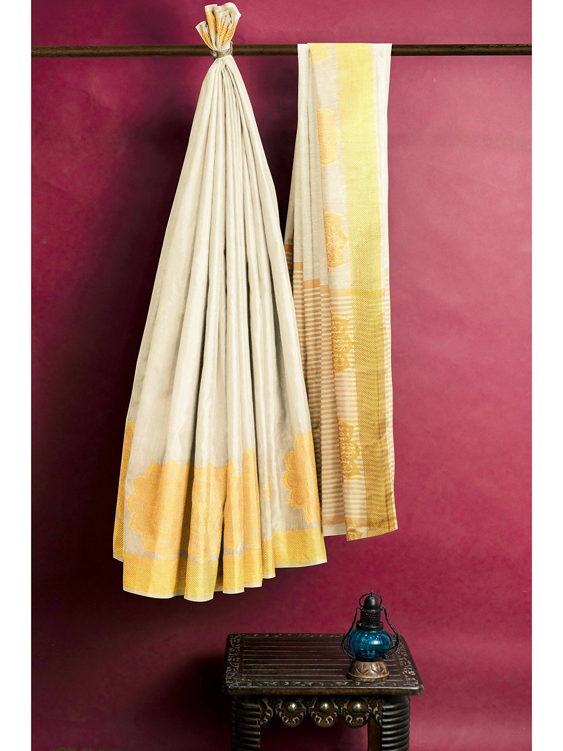 Mimosa Women's Off White Linen Blend Kasavu Saree | Grocsy