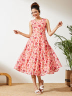 Janasya Peach Flared Georgette Dress | Grocsy