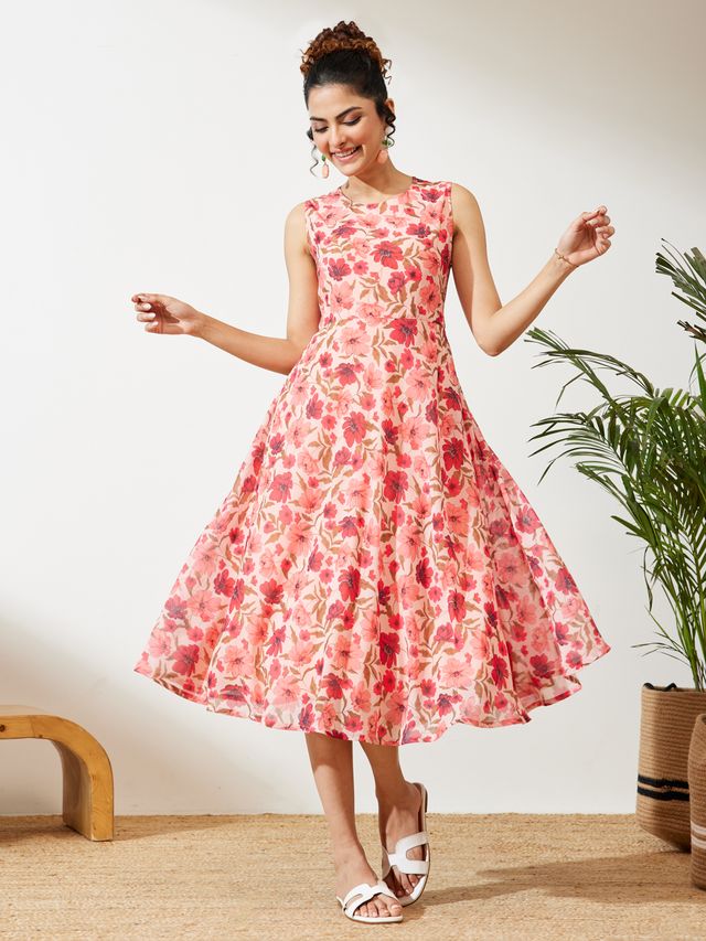 Janasya Peach Flared Georgette Dress | Grocsy