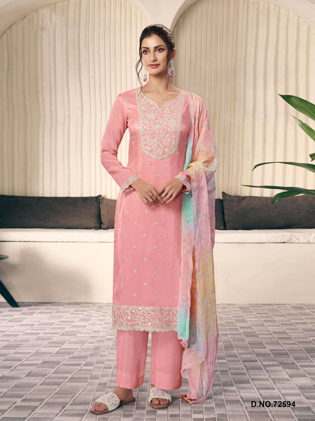 Anaita Peach Moonga Silk Stitched Suit with Embroidery Sequence Work | Grocsy