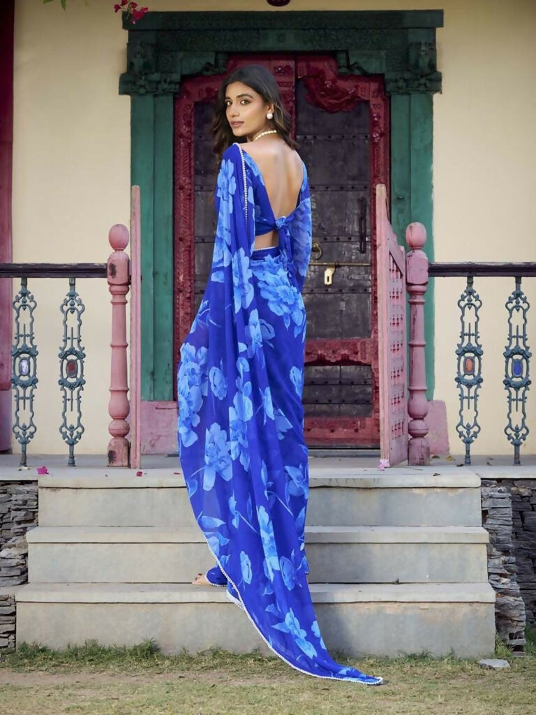Vastranavya Blue Chiffon Floral Printed & Pearl Lace Border Saree with Unstitched Blouse | Grocsy