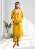 Joban Fashion Yellow Silk Embroidered Readymade Long Kurta With Pant | Grocsy