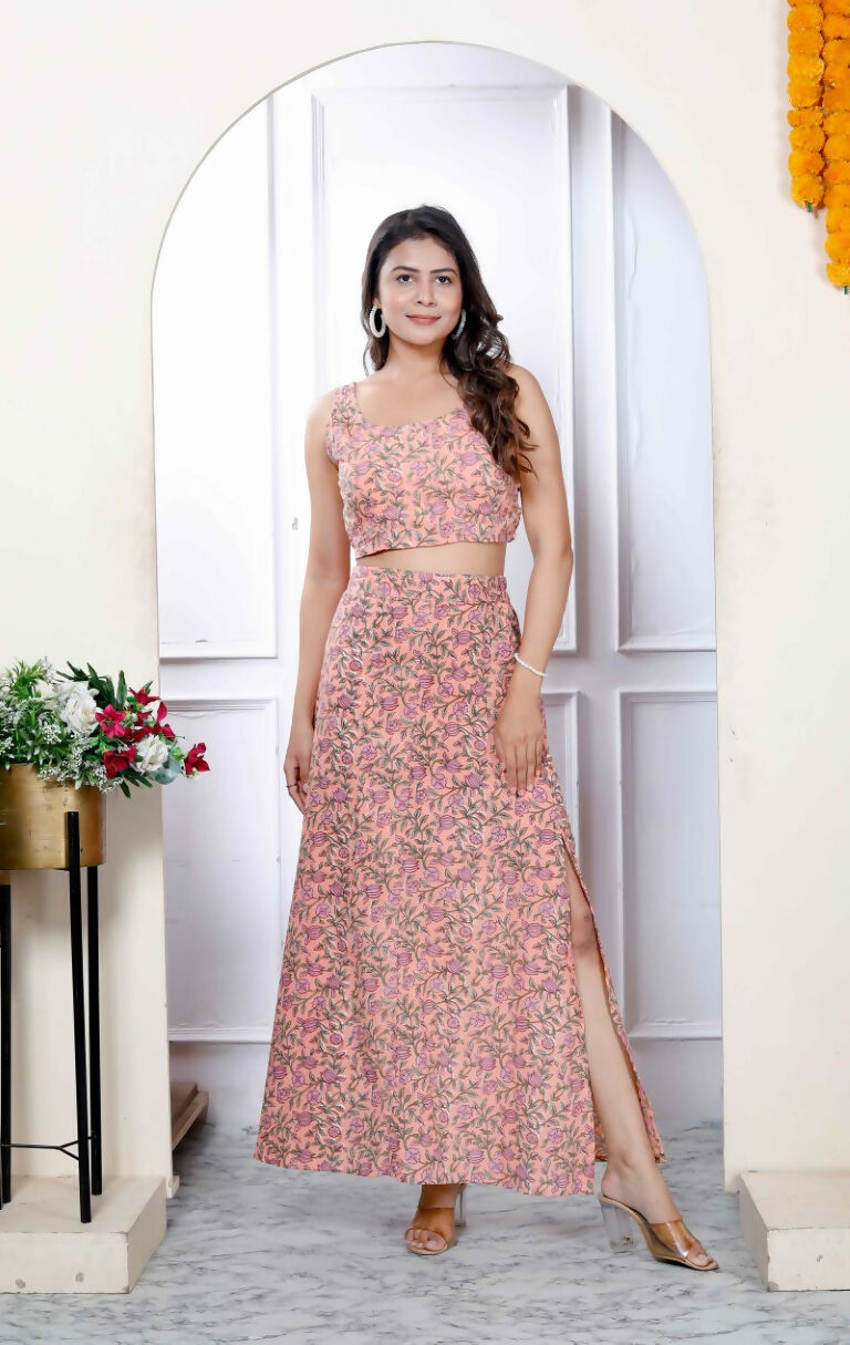 Miravan Women's Orange Floral Printed Crop Top And Skirt Co-Ord Set | Grocsy