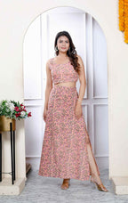 Miravan Women's Orange Floral Printed Crop Top And Skirt Co-Ord Set | Grocsy