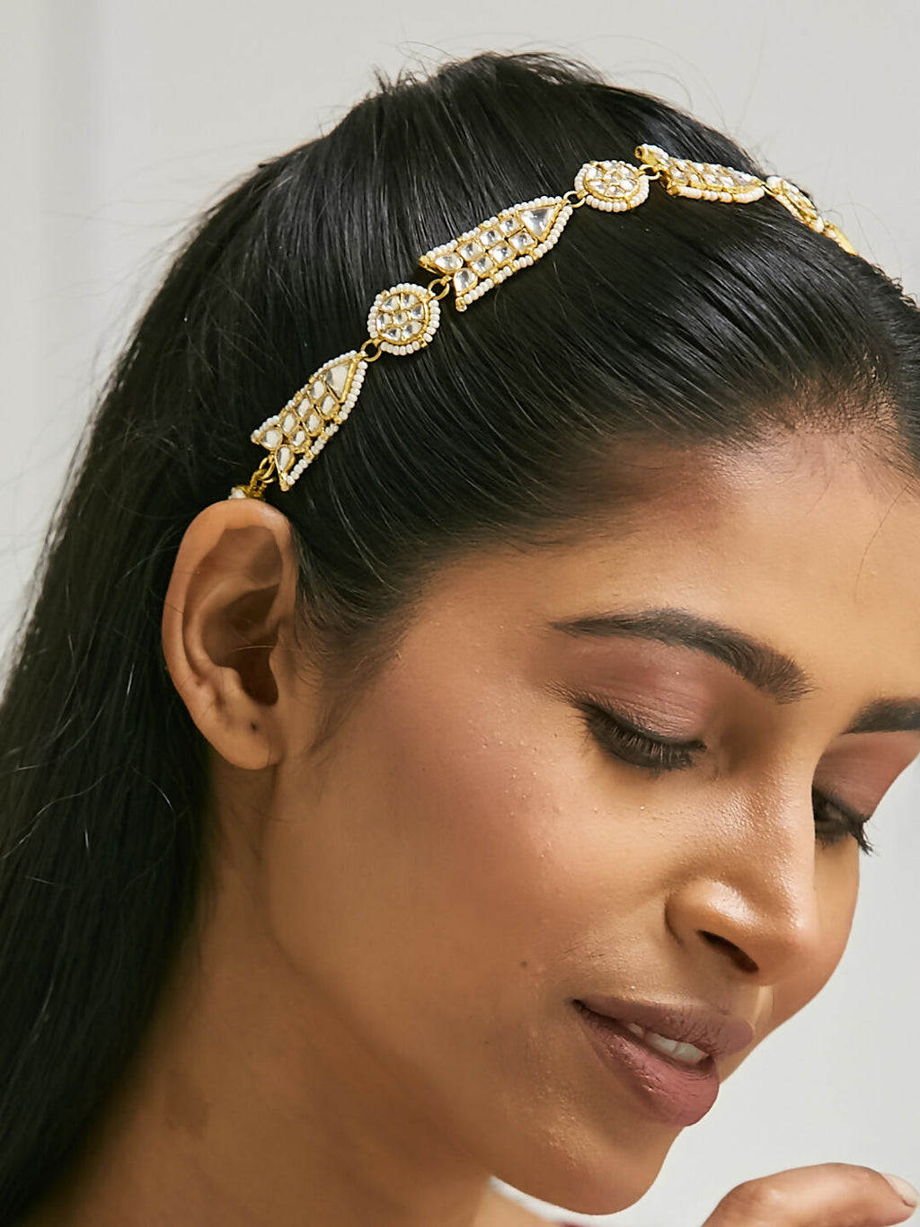 Nuyug 22K Gold-Plated Kundan & Pearls Studded Matha Patti with Regal Motifs Head Jewellery | Grocsy