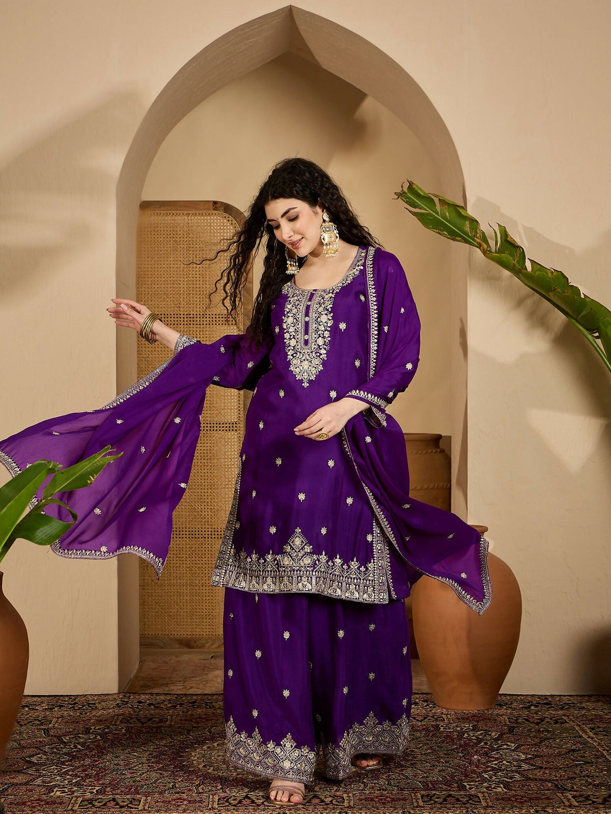 Joban Fashion Embroidery Purple Chinon Silk Kurta Set | Grocsy