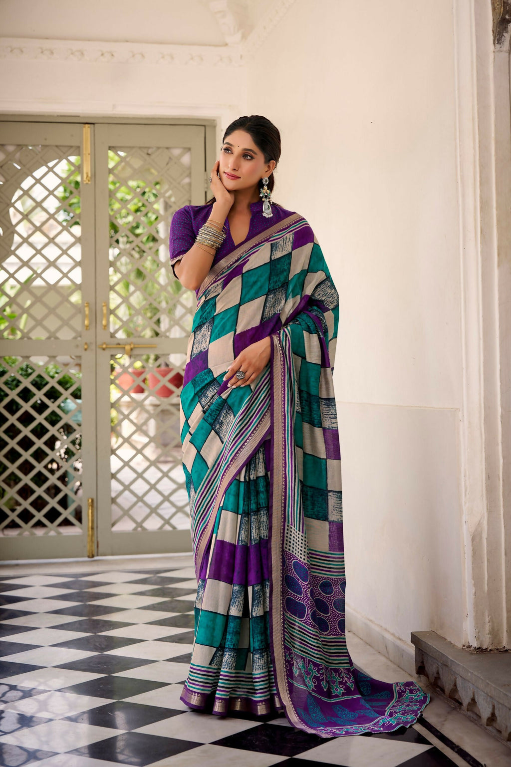 Vastranavya Purple Viscose Chanderi Printed with Temple Border Saree & Unstitched Blouse | Grocsy