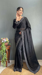 Vastranavya Black Rangoli Silk Real Mirror work with Swarovski work Ready to Wear Saree | Grocsy