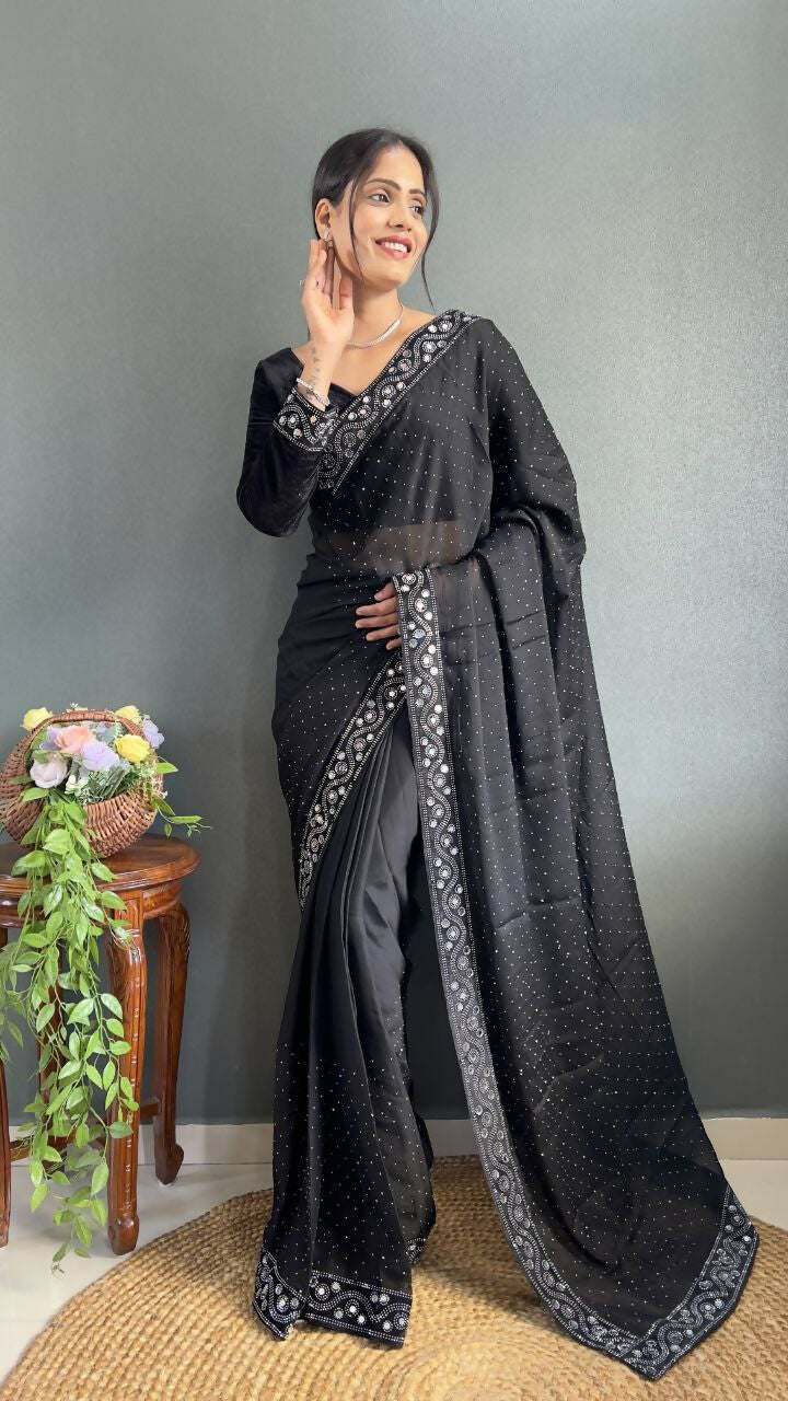 Vastranavya Black Rangoli Silk Real Mirror work with Swarovski work Ready to Wear Saree | Grocsy