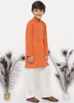 Little Bansi Boys Cotton Kesari Kurta with Pearl Buttons and Pyjama -Orange and Cream | Grocsy