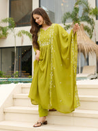 The52 Lemons Women's Gorgeous Chinon Embroidered Flared Kurta with Pant And Dupatta Set | Grocsy