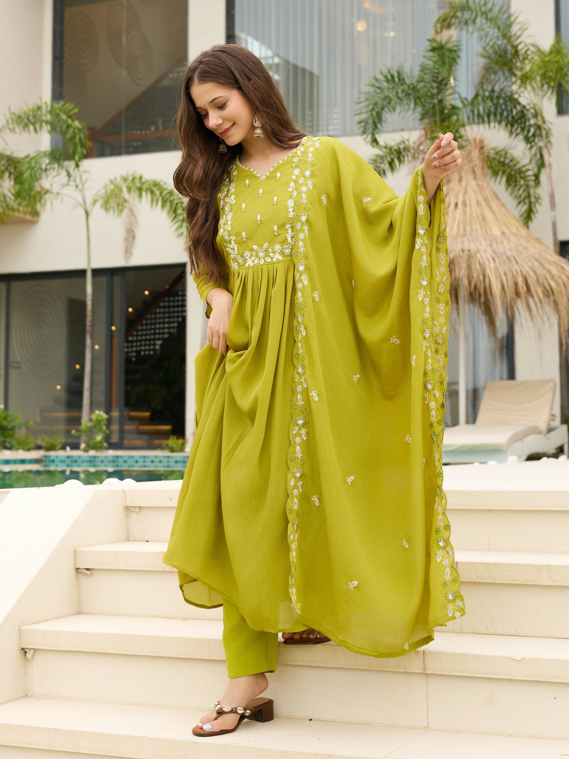 The52 Lemons Women's Gorgeous Chinon Embroidered Flared Kurta with Pant And Dupatta Set | Grocsy