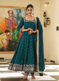 Teeya Creation Teal Color Pure Vichitra Silk Embroidery Work Party Wear Gown | Grocsy