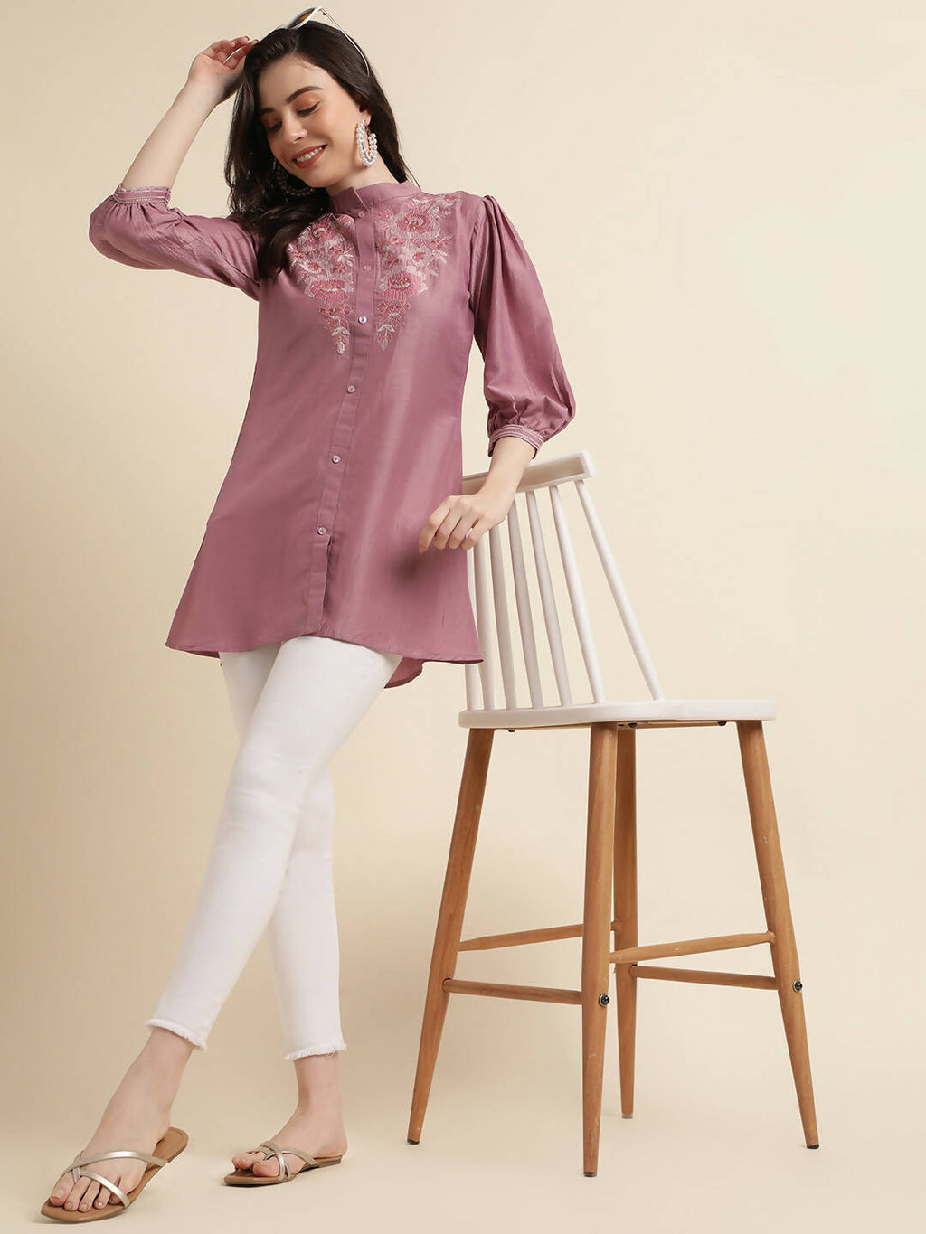 Dust Pink Chinon Yoke Embroidered A-line Top - Tarini | Grocsy