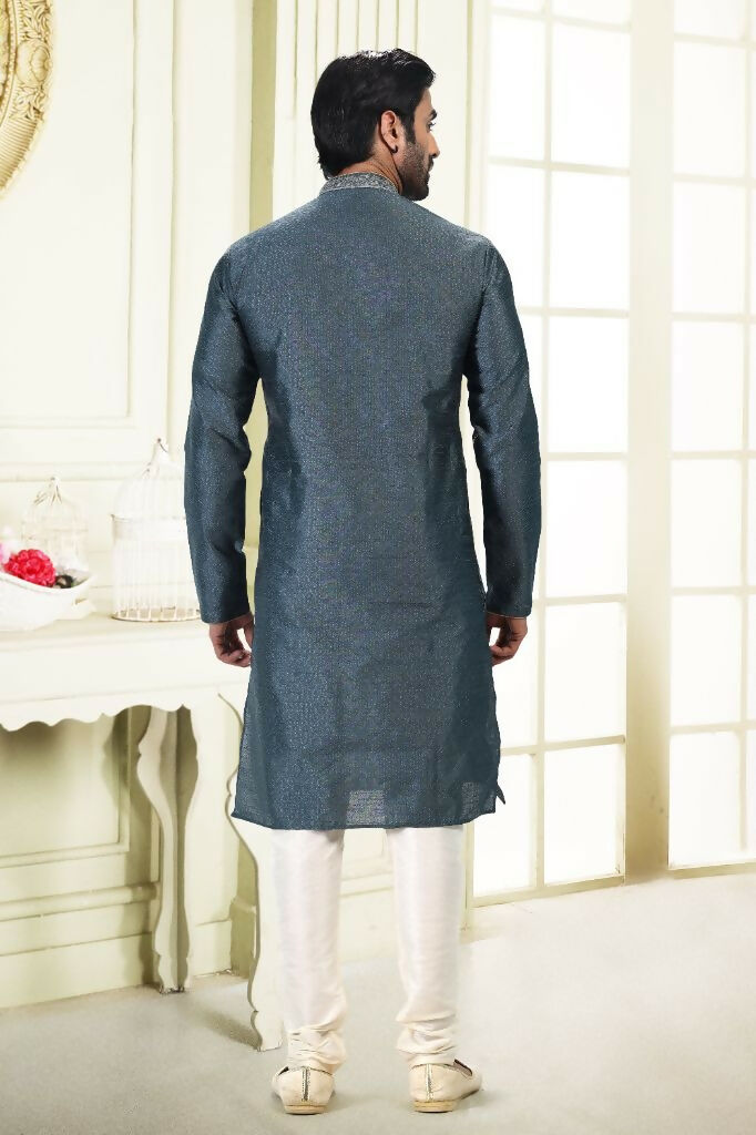 Raivat Ethnic Jacquard Banarasi Silk Thread Work Kurta Pajama In Grey Colour | Grocsy