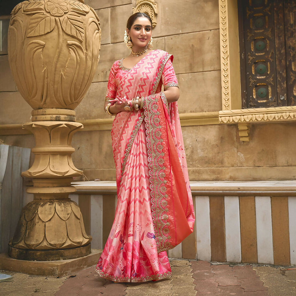 Pink Gajji Silk Foil With Moti Work Saree With Unstitched Blouse - Norita Gajri | Grocsy