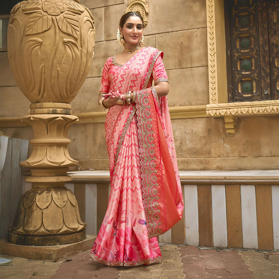 Pink Gajji Silk Foil With Moti Work Saree With Unstitched Blouse - Norita Gajri | Grocsy