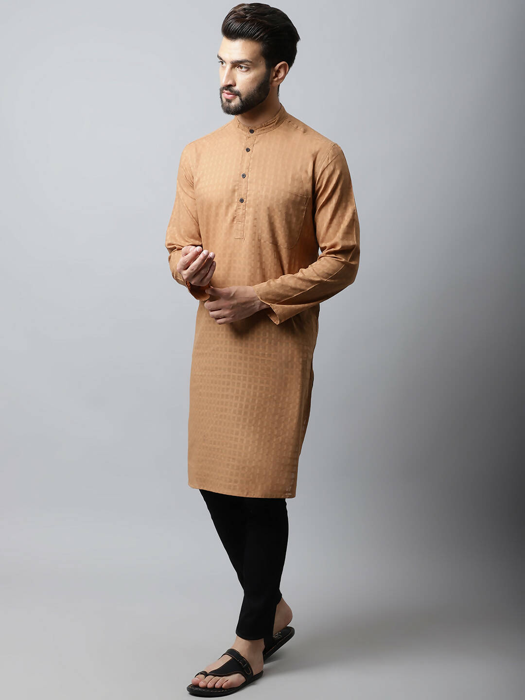 Even Apparels Brown Color Pure Cotton Men's Kurta With Band Collar (CHK1200) | Grocsy