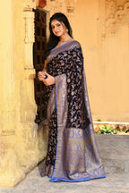 Joban Fashion Navy Blue Crepe Chiffon Pure Handloom Banarasi Silk Saree | Grocsy