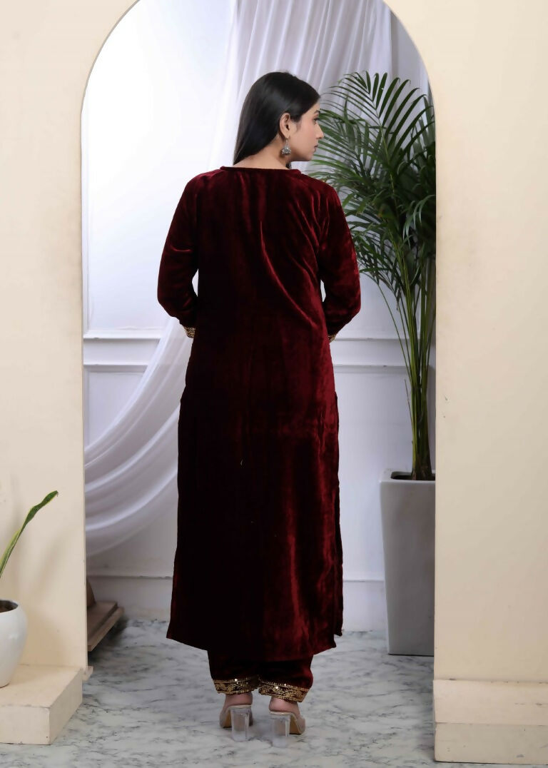 Miravan Women's Maroon Velvet Sequence Work Straight Kurta With Palazzo | Grocsy