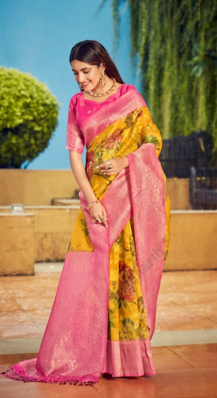 Exclusive Collection Wedding Pink Yellow Collection Banarasi Silk Saree With Rich Pallu | Grocsy