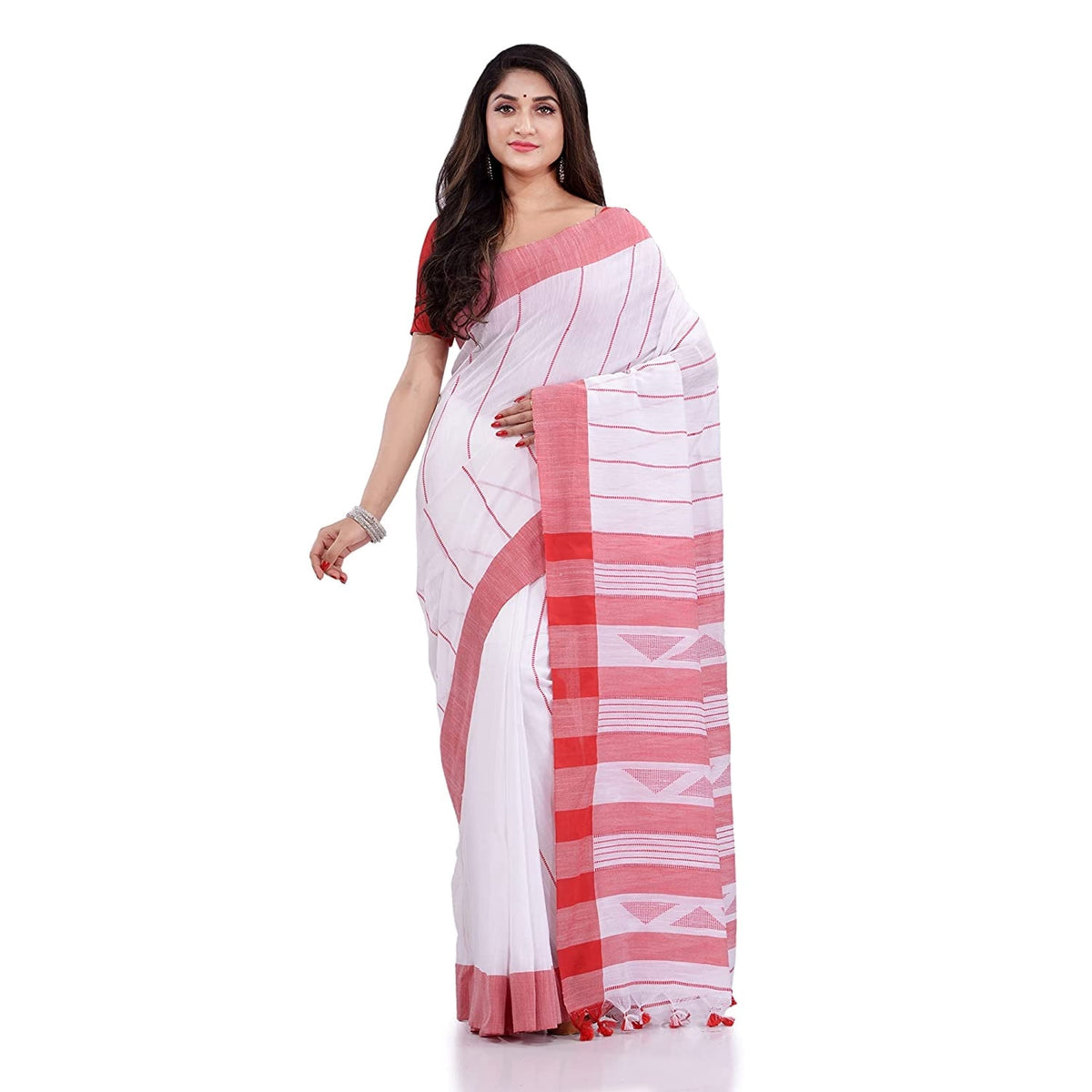 Piyari Fashion Handloom White Cotton Saree | Grocsy
