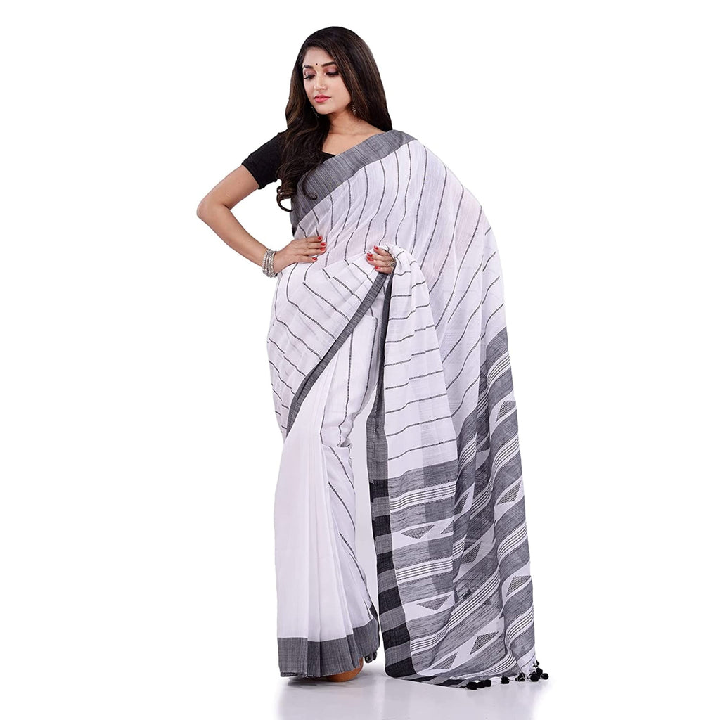 Piyari Fashion Handloom White Cotton Saree | Grocsy