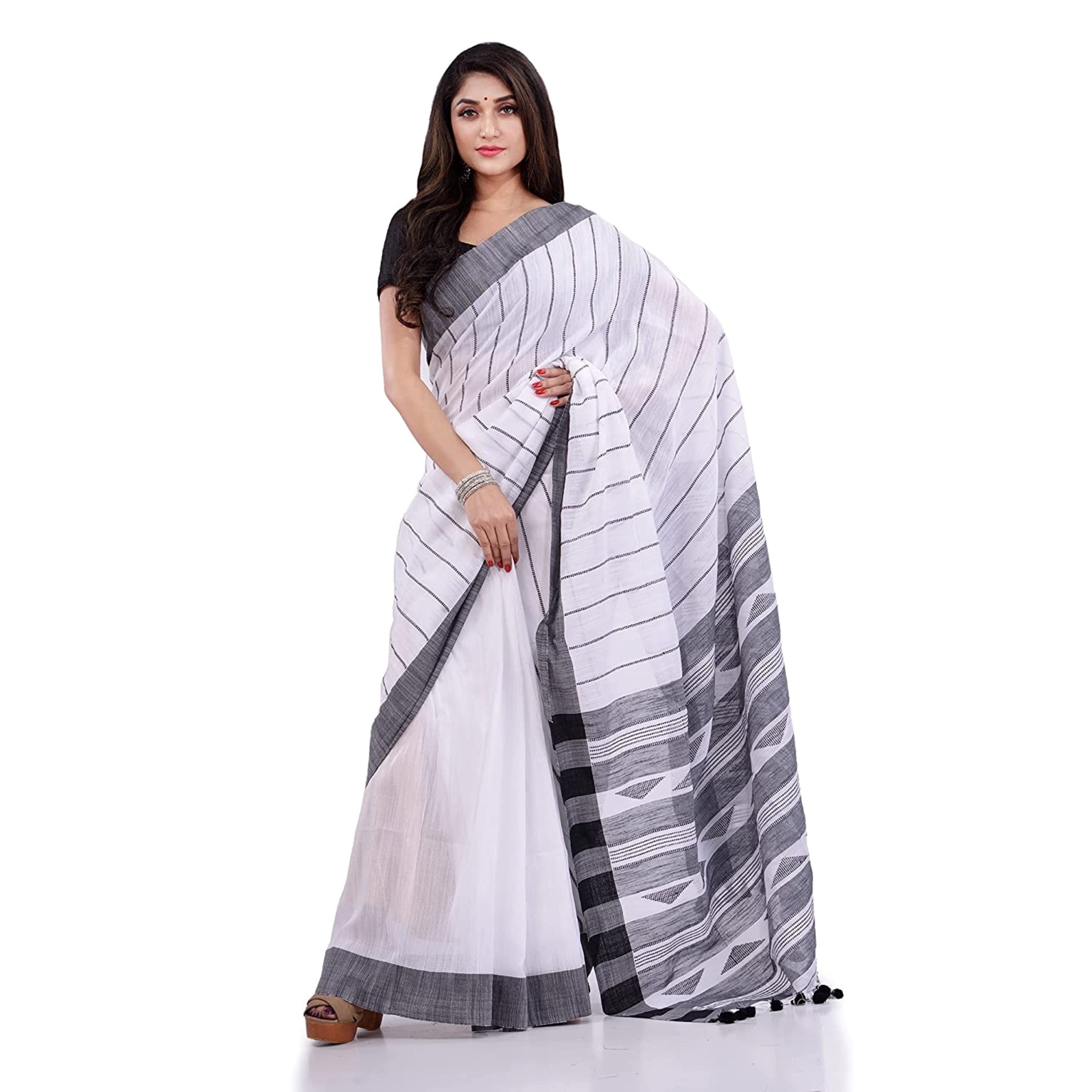 Piyari Fashion Handloom White Cotton Saree | Grocsy