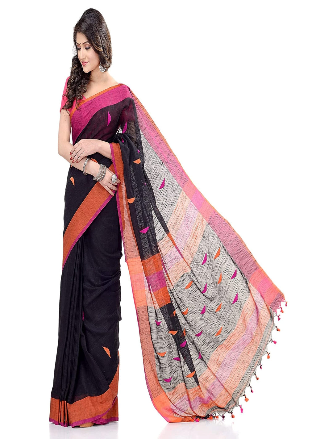 Piyari Fashion Handloom Black Cotton Saree | Grocsy