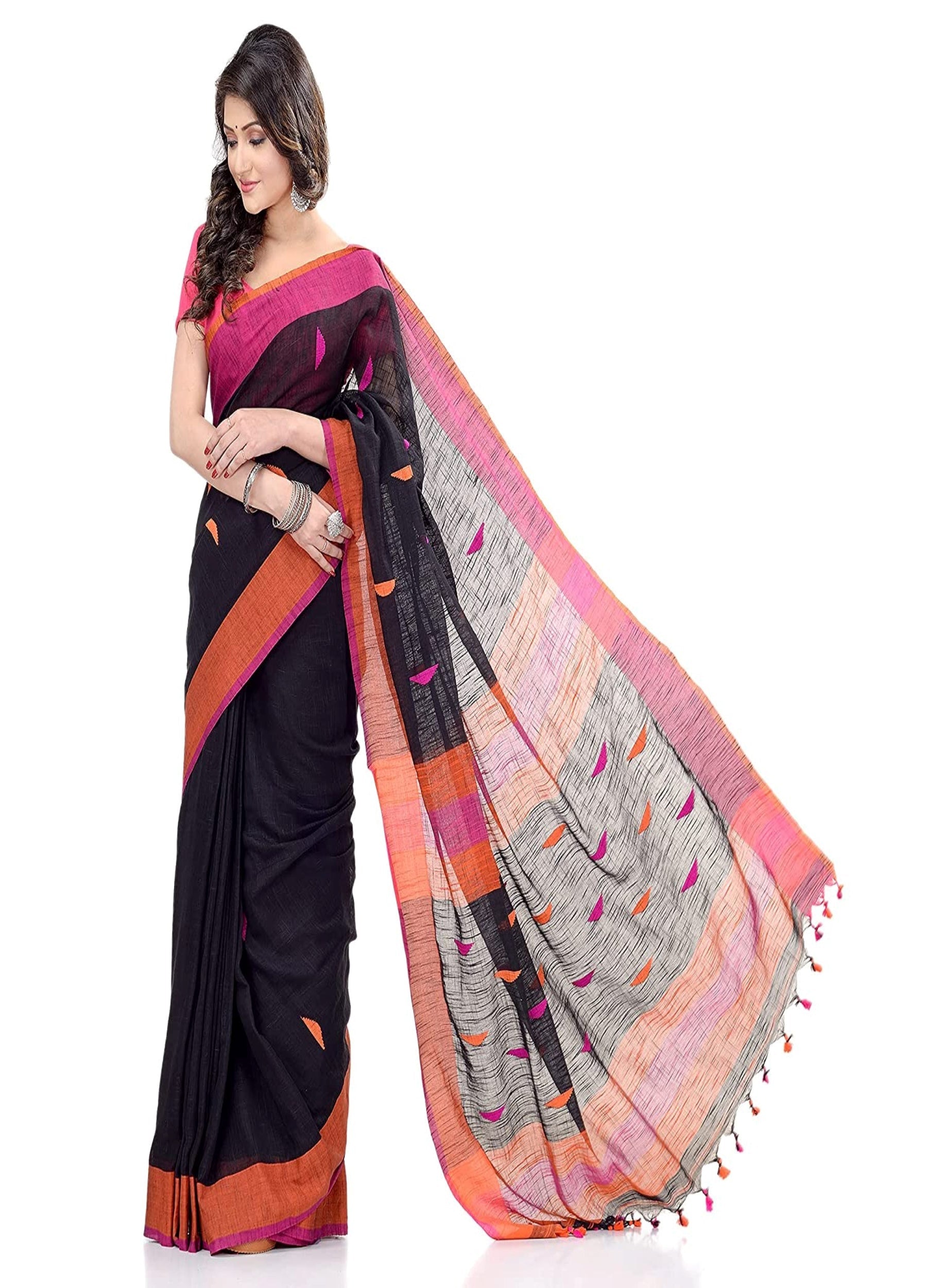 Piyari Fashion Handloom Black Cotton Saree | Grocsy