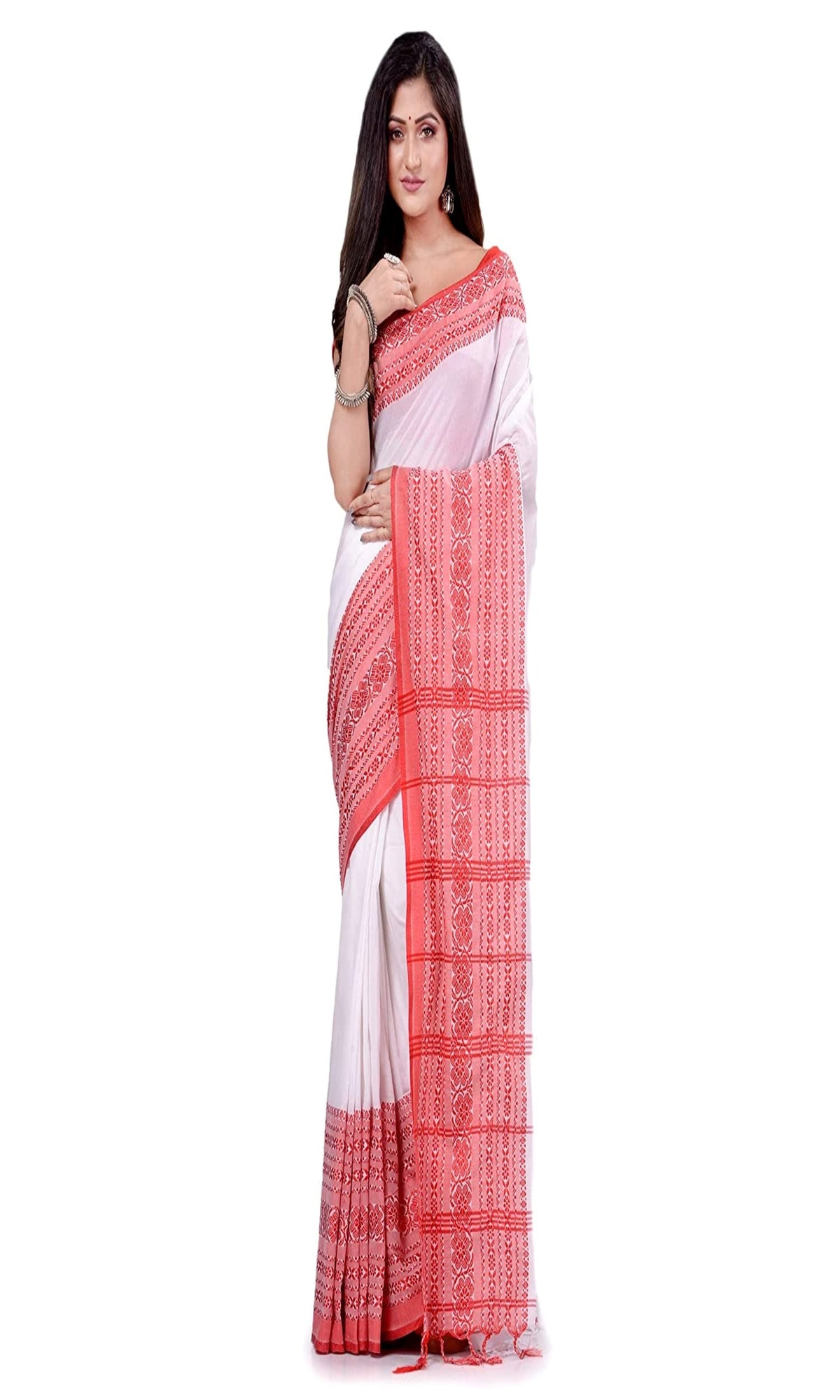 Piyari Fashion Handloom White Cotton Begampuri Saree | Grocsy