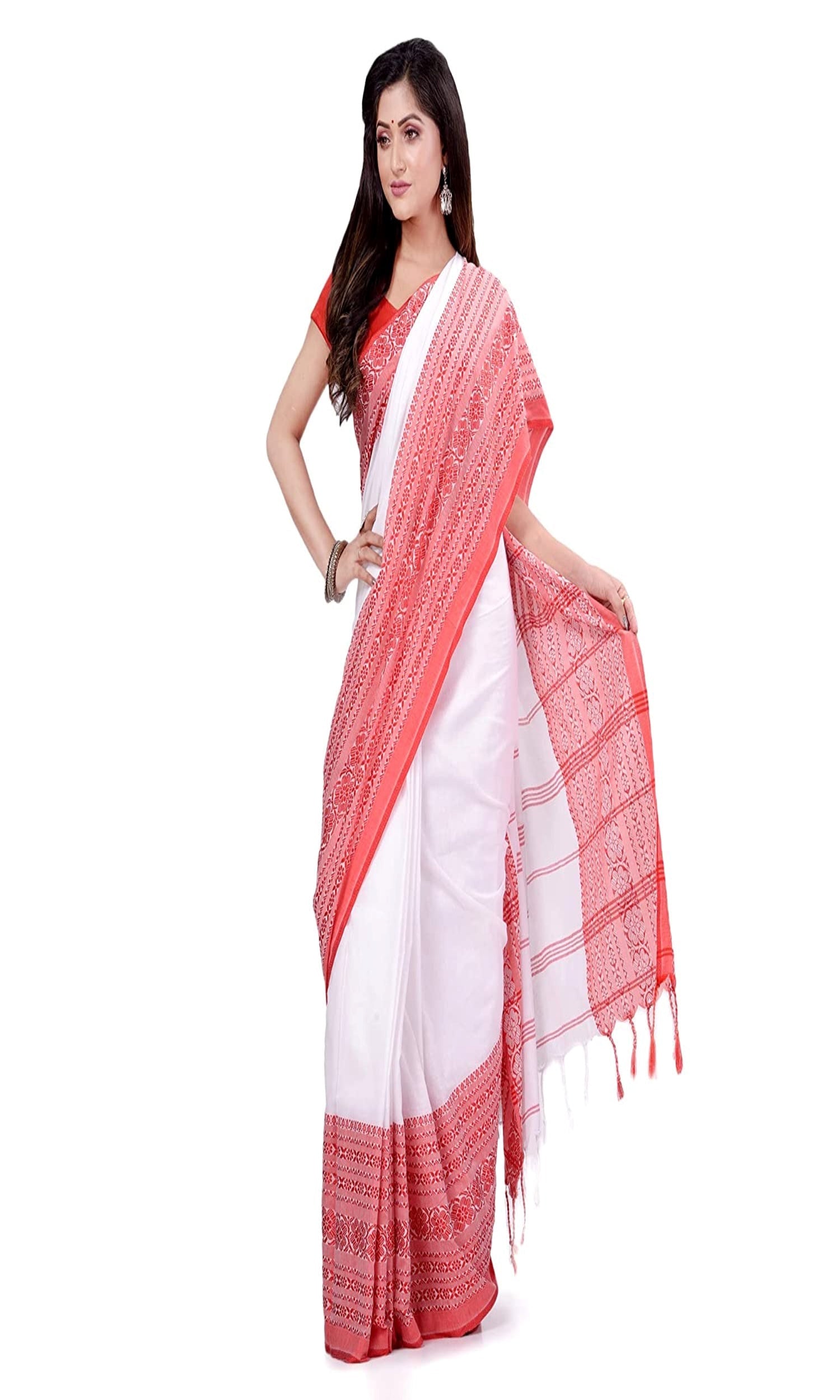 Piyari Fashion Handloom White Cotton Begampuri Saree | Grocsy