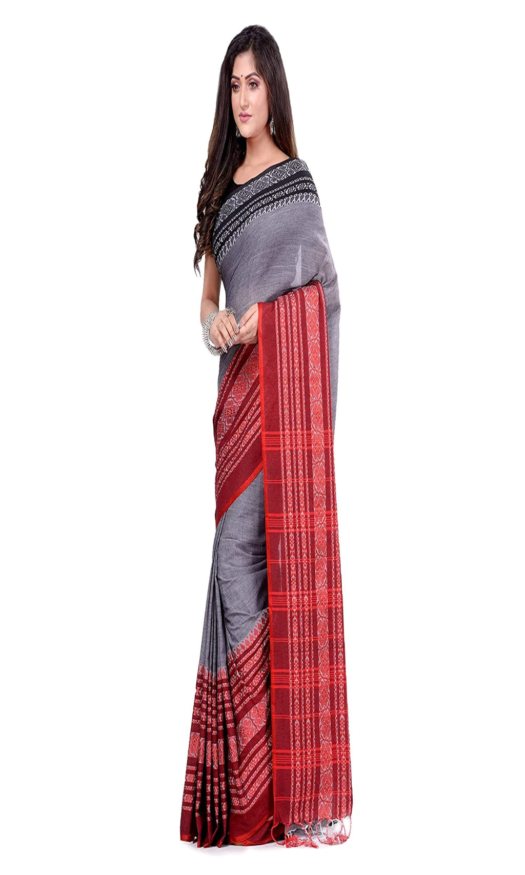 Piyari Fashion Handloom Grey Cotton Begampuri Saree | Grocsy