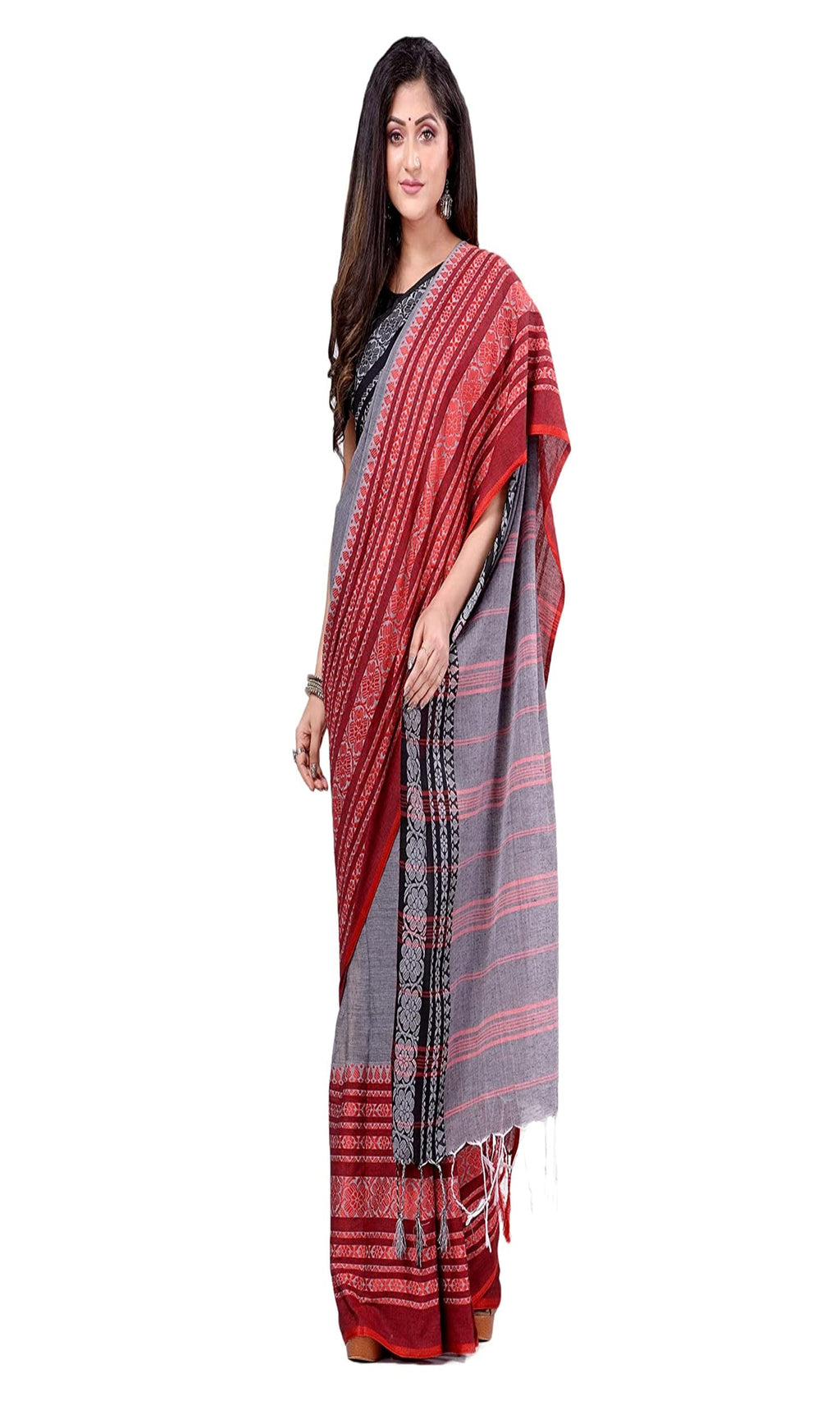 Piyari Fashion Handloom Grey Cotton Begampuri Saree | Grocsy