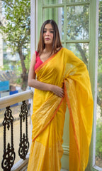 Piyari Fashion Yellow Handloom Tissue Saree | Grocsy
