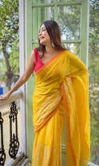 Piyari Fashion Yellow Handloom Tissue Saree | Grocsy