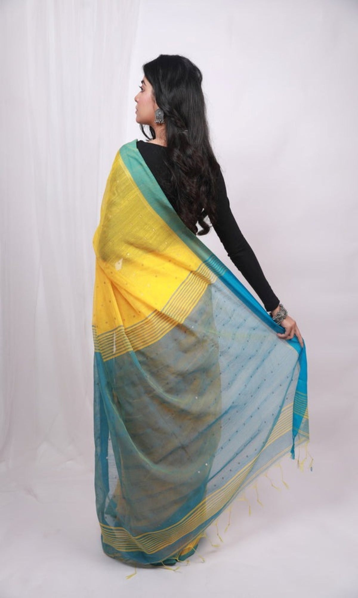 Piyari Fashion Handloom Cotton Blend Yellow Sequin Saree | Grocsy