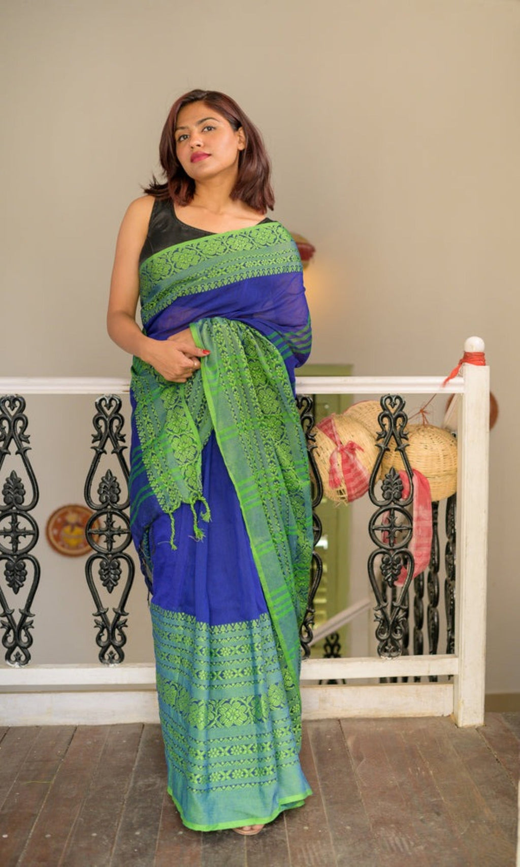 Piyari Fashion Handloom Blue Cotton Begampuri Saree | Grocsy