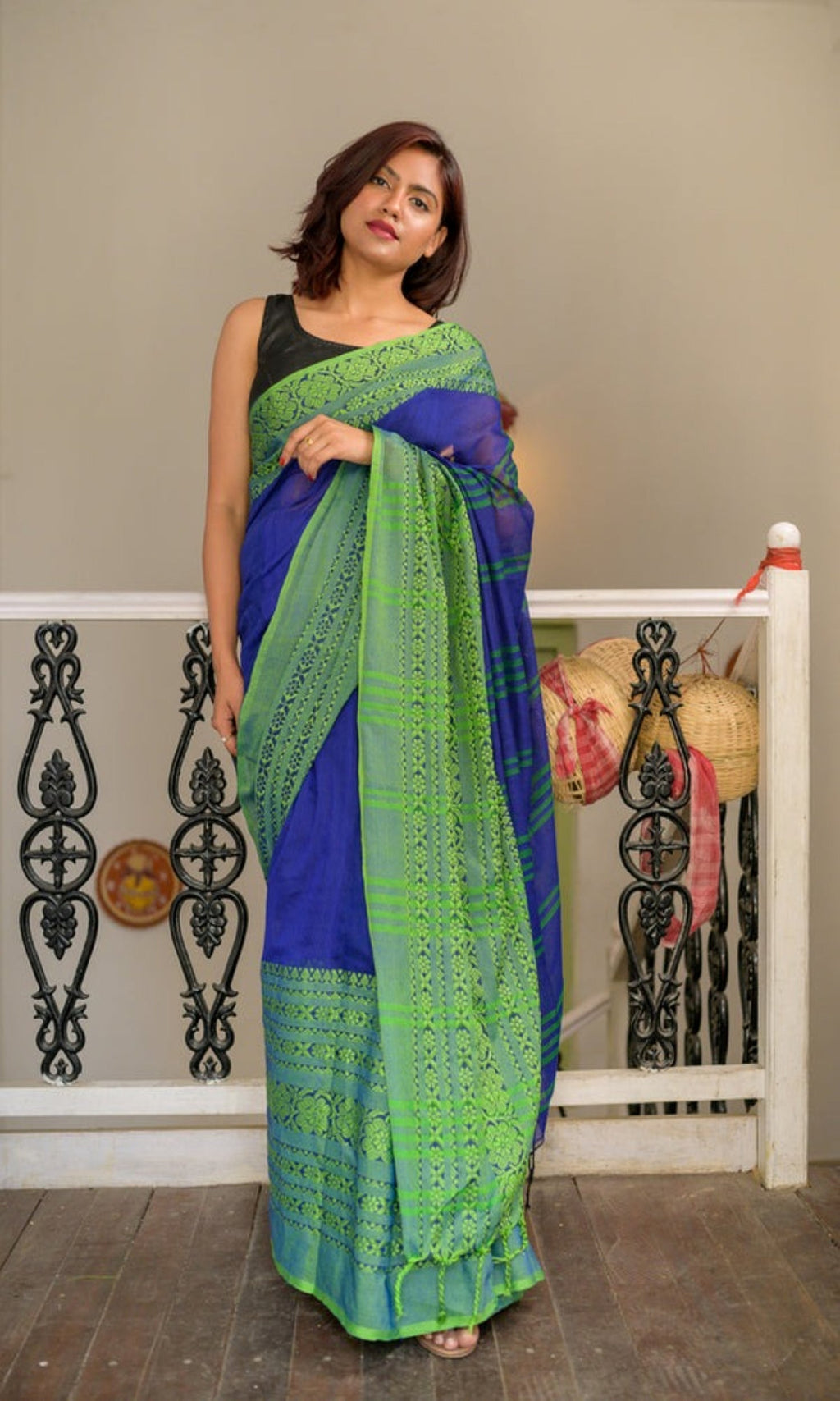 Piyari Fashion Handloom Blue Cotton Begampuri Saree | Grocsy
