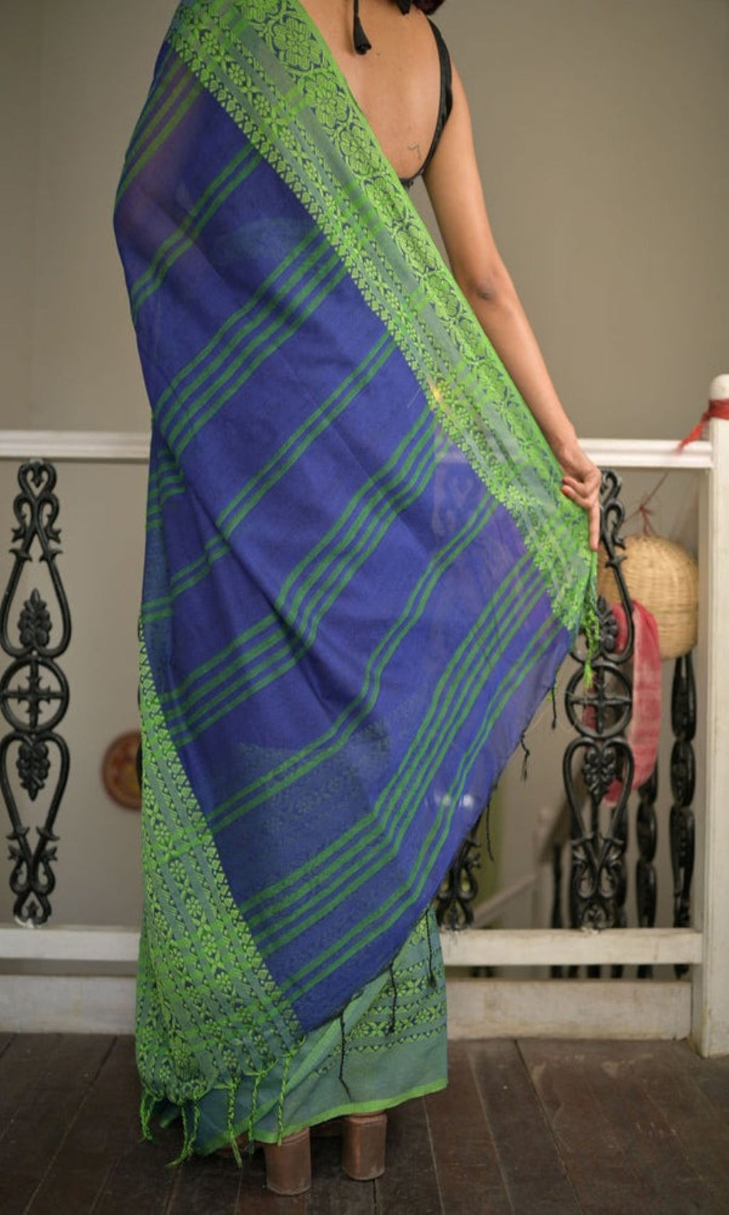 Piyari Fashion Handloom Blue Cotton Begampuri Saree | Grocsy