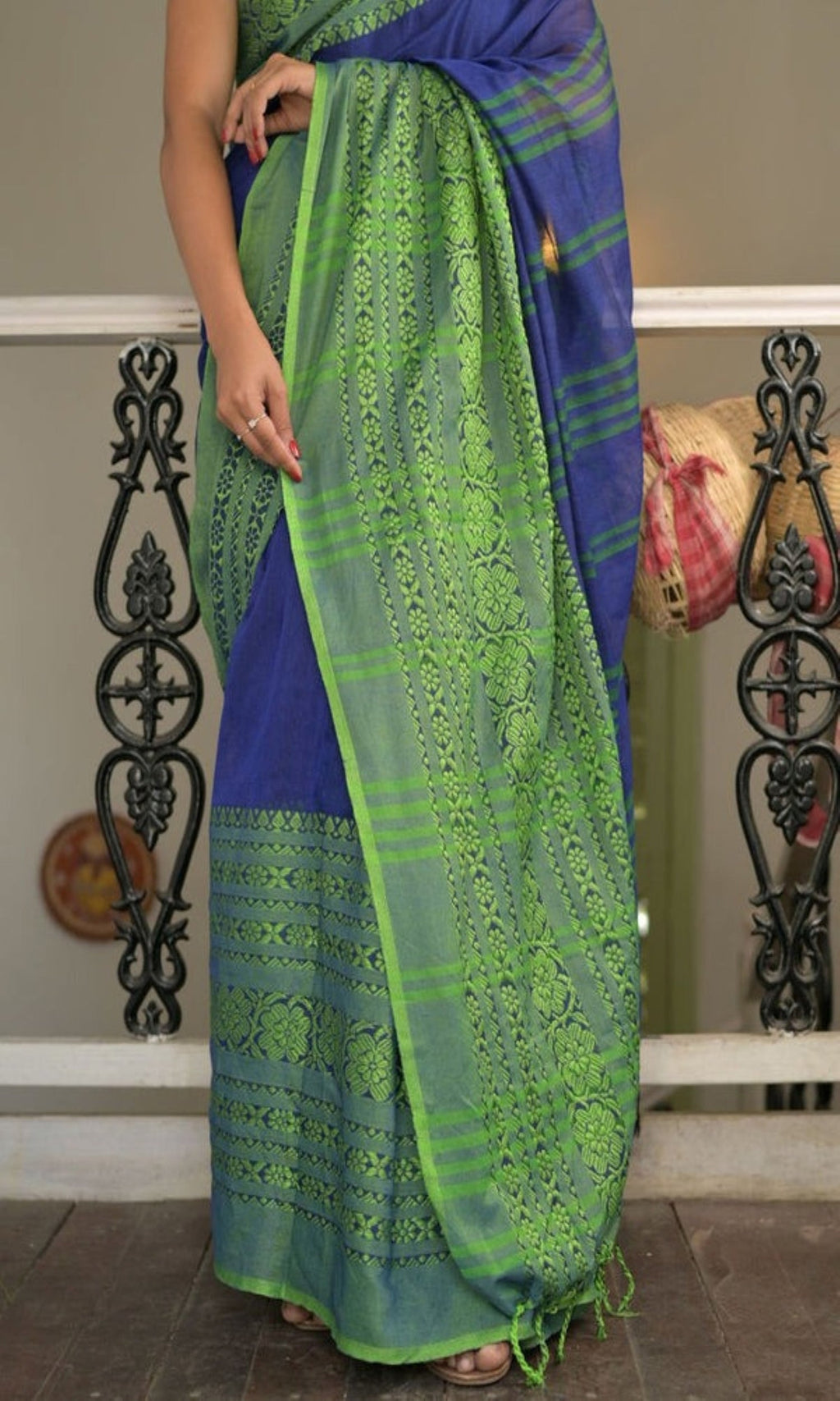 Piyari Fashion Handloom Blue Cotton Begampuri Saree | Grocsy