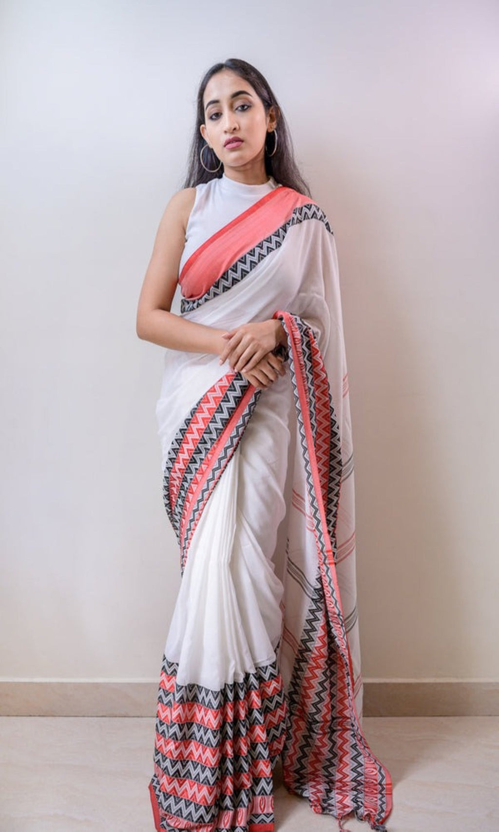Piyari Fashion Handloom White Cotton Begampuri Saree | Grocsy