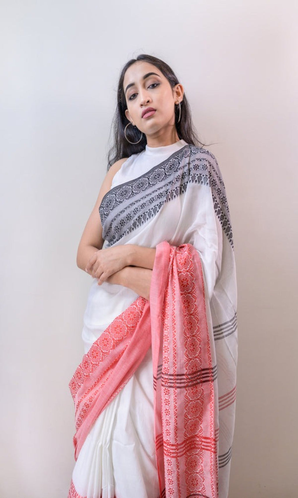 Piyari Fashion Handloom White Cotton Begampuri Saree | Grocsy