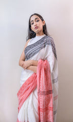 Piyari Fashion Handloom White Cotton Begampuri Saree | Grocsy